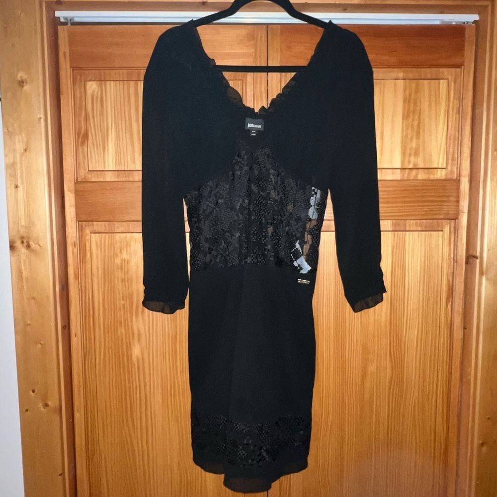 Just Cavalli. Black dress with lace in the middle ,long sleeve, v neck, size M
